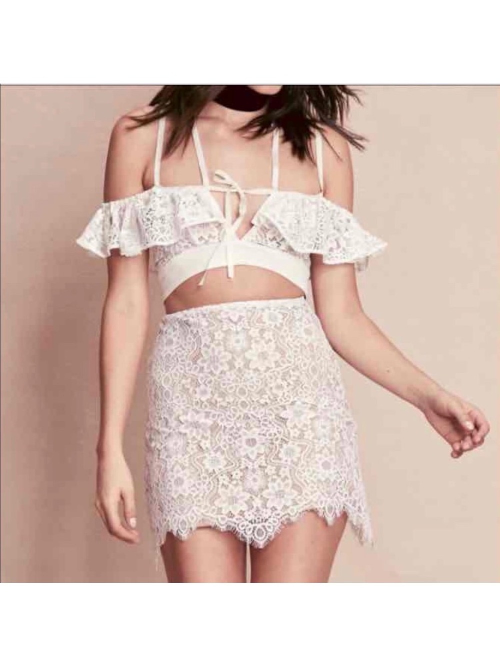 For Love and Lemons white Rosemary Lace Off Shoulder Crop Top S